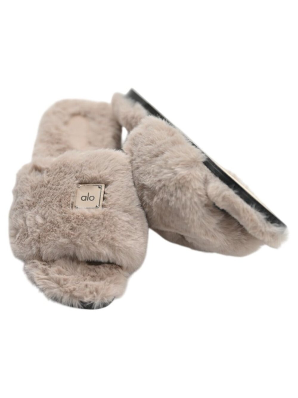 ALO Yoga Women's Plush Faux-Fur Slide Slippers in Taupe Beige